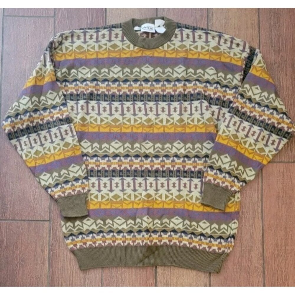 Fiume Sweater Pullover Ribbed Long Sleeve Geometric Aztec XL Vintage Pattern - Picture 2 of 8